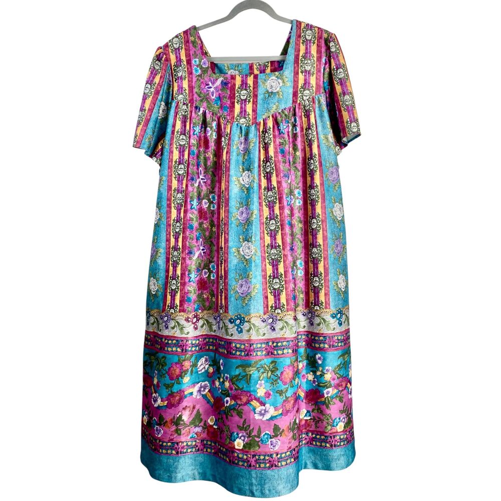 Vintage Granada House Dress 3X Turquoise Floral Muumuu Lounger Pocket Grannycore